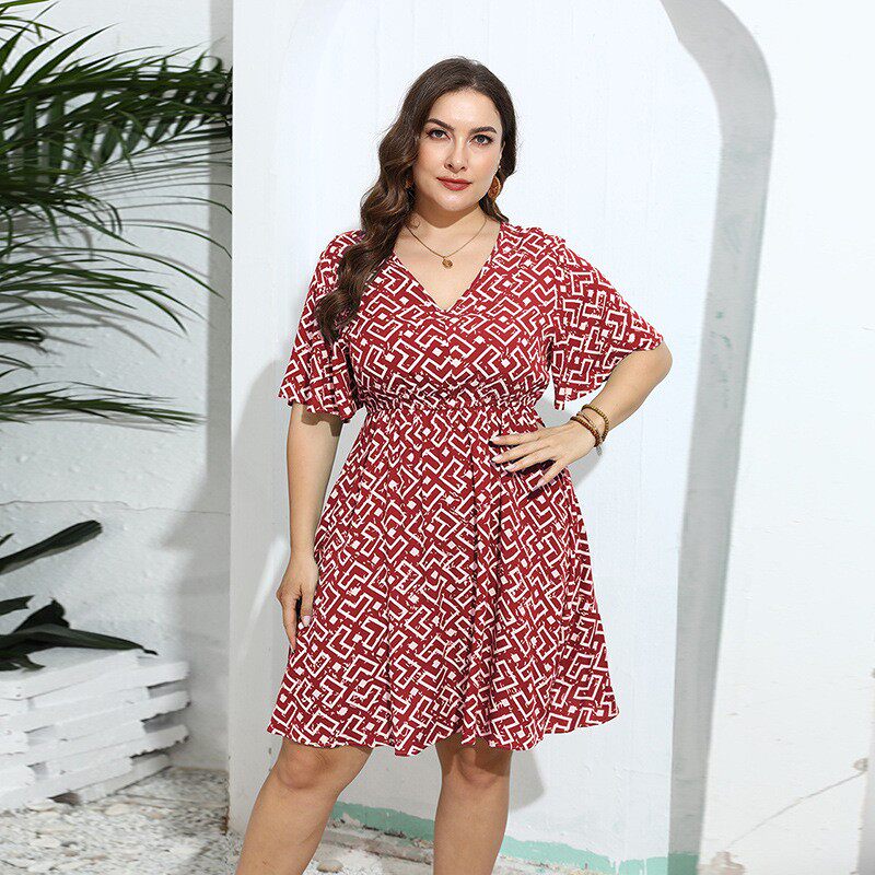 Plus Size Geometric Print Casual Loose V-Neck Summer Dresses - 实物图