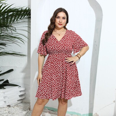夏季大码休闲宽松V领印花连衣裙
