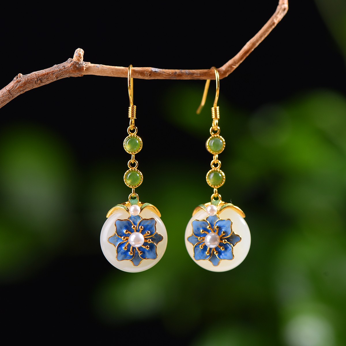 天然和田玉925银平安扣花朵耳环