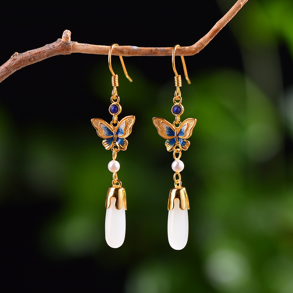 天然和田玉925银镶嵌白玉复古风珐琅蝴蝶玉石耳坠耳环耳饰