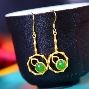 新疆天然和田玉碧玉925银圆蛋面福禄耳环女款玉石个性葫芦耳饰