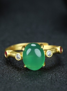 天然A货高冰玉髓镀24k真金戒指女款帝王绿玛瑙镶嵌彩锆开口指环