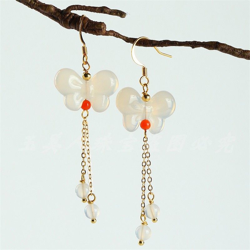 天然冰种白玉髓蝴蝶耳环14K包金绿玛瑙玉石耳坠古风甜美可爱耳饰,珠宝/钻石/翡翠,耳饰,淘宝优惠券,粉丝福利购,淘宝优惠卷