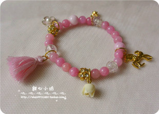 店主手作 韩日系甜美风 粉琉璃珠流苏玫瑰飞马小花挂件手链手串