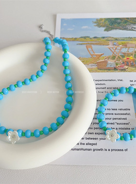 韩版蓝绿相间串珠兰铃花锁骨链