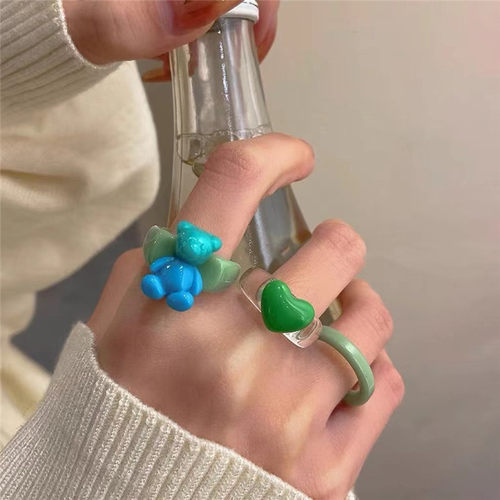 亚克力小熊爱心戒指套装女