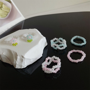 韩版清新奶油小花串珠戒指小众设计ins风叠加指环少女串珠戒指