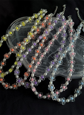 夏日清新粉色小花珍珠串珠项链 百搭闺蜜甜美锁骨链弹力花朵戒指