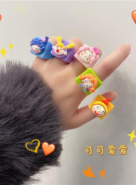 ins亚克力树脂彩色童趣味夸张搞怪人脸指环可爱女孩卡通方块戒指