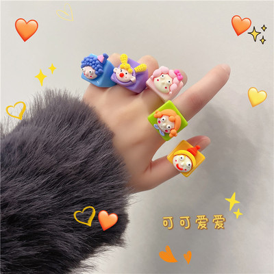 ins亚克力树脂彩色童趣味夸张搞怪人脸指环可爱女孩卡通方块戒指