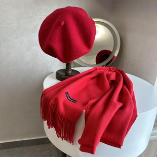 大红色羊毛贝雷帽羊绒围巾套装女韩版时尚蓓蕾画家帽子保暖毛呢帽