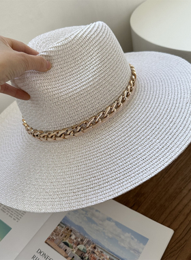 法式链条礼帽草帽女名媛风白色防晒10cm遮阳帽太阳帽洋气时尚帽子