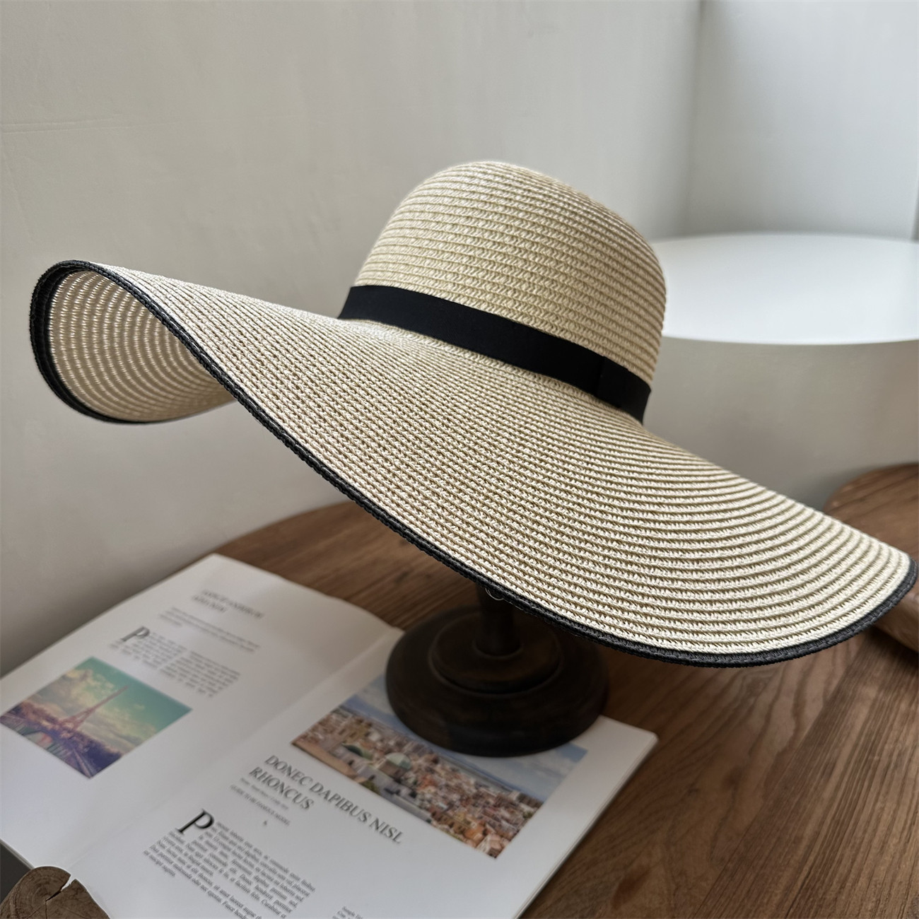 夏季出游大沿米色遮阳沙滩草帽子女韩国可折叠海边防晒度假太阳帽