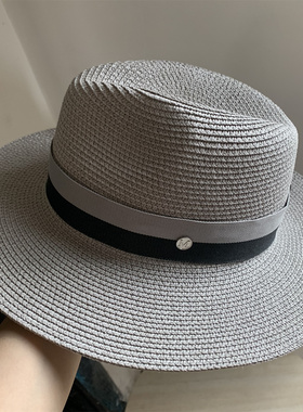 灰色M标帽子女韩版潮夏天英伦巴拿马条纹礼帽平沿草帽遮阳帽百搭