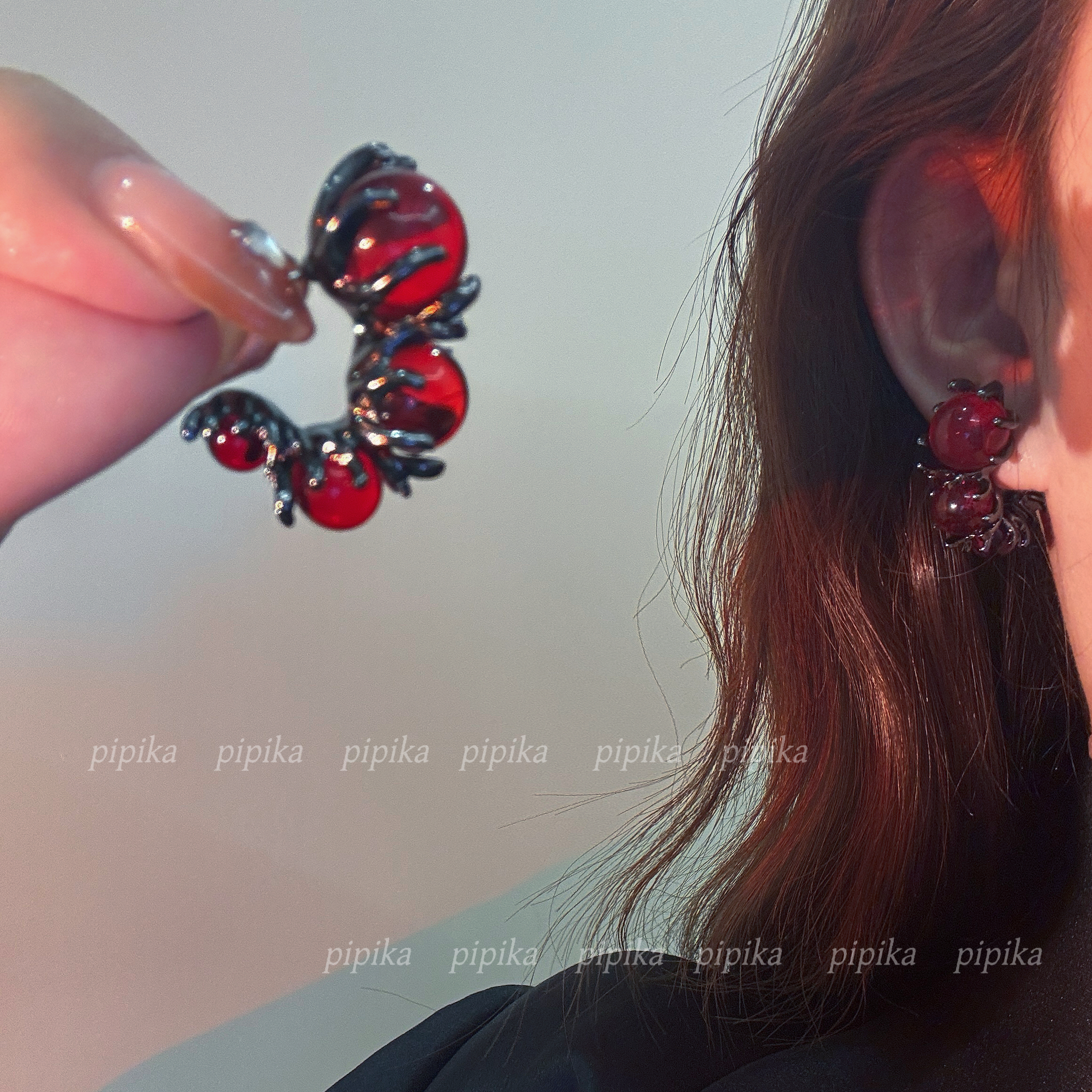 pipi～原创设计耳饰夏日透明彩色葡萄耳环女高级感玻璃珠耳钉银针