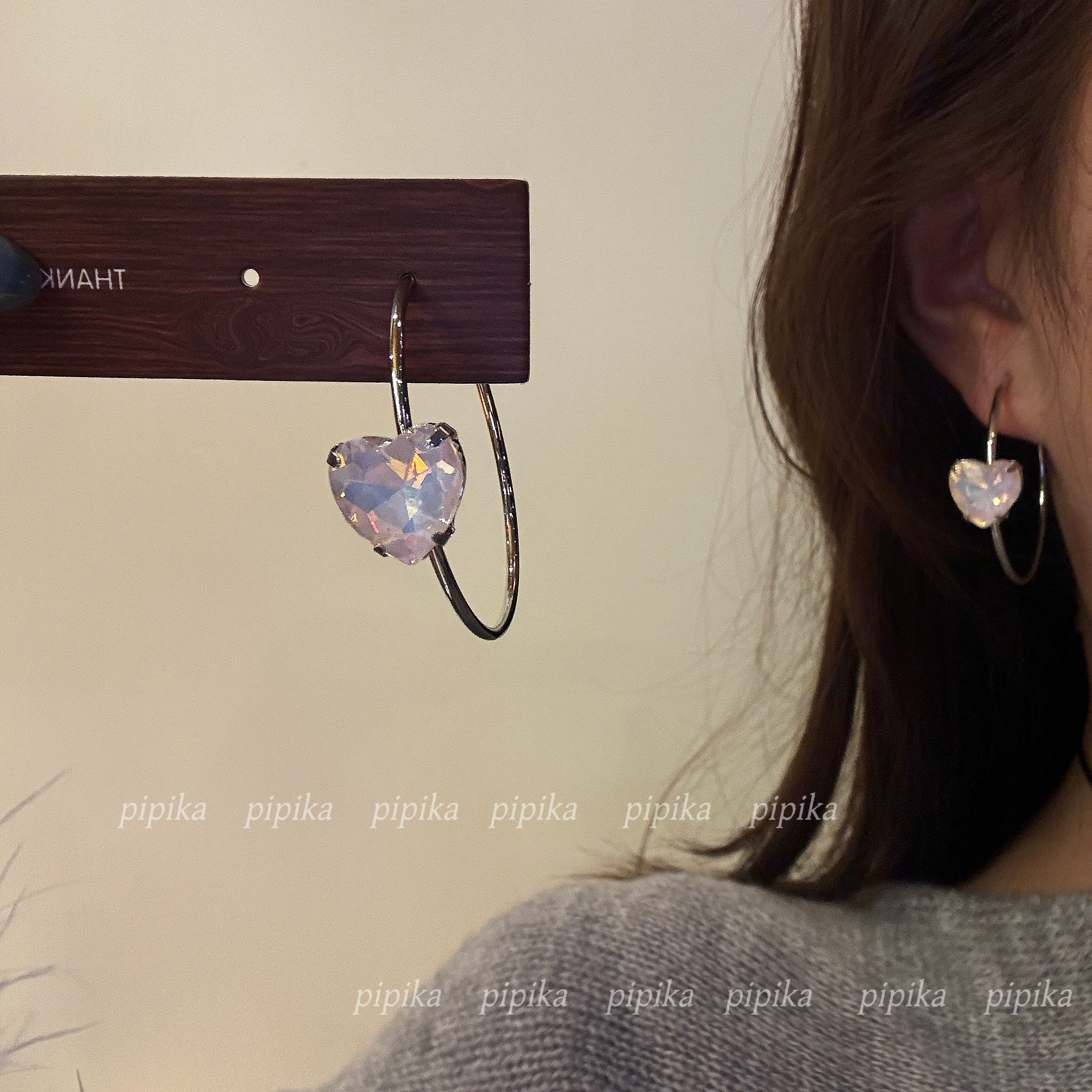 pipi小众设计璀璨桃心爱心水晶耳圈耳环夸张气质欧美风显脸小银针