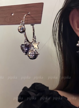pipi原创新款紫色爱心土星耳圈耳环耳钉耳饰女高级气质冷淡风银针