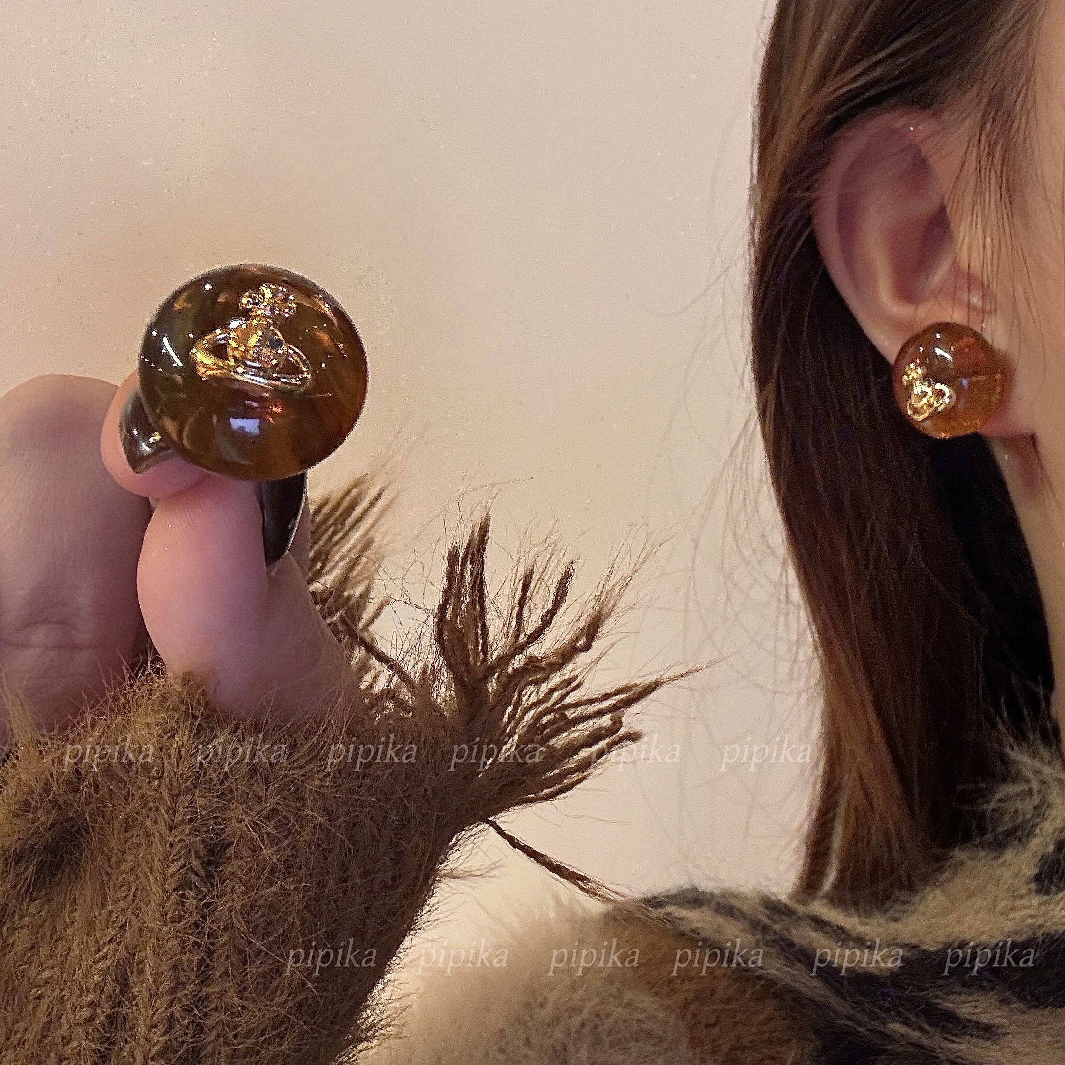 pipi原创复古半圆琥珀色土星耳钉女小众高级感轻奢气质百搭耳环