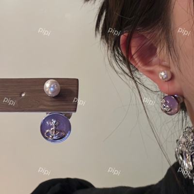 pipi法式珍珠前后两戴果冻色土星粉色紫色耳环女气质百搭银针