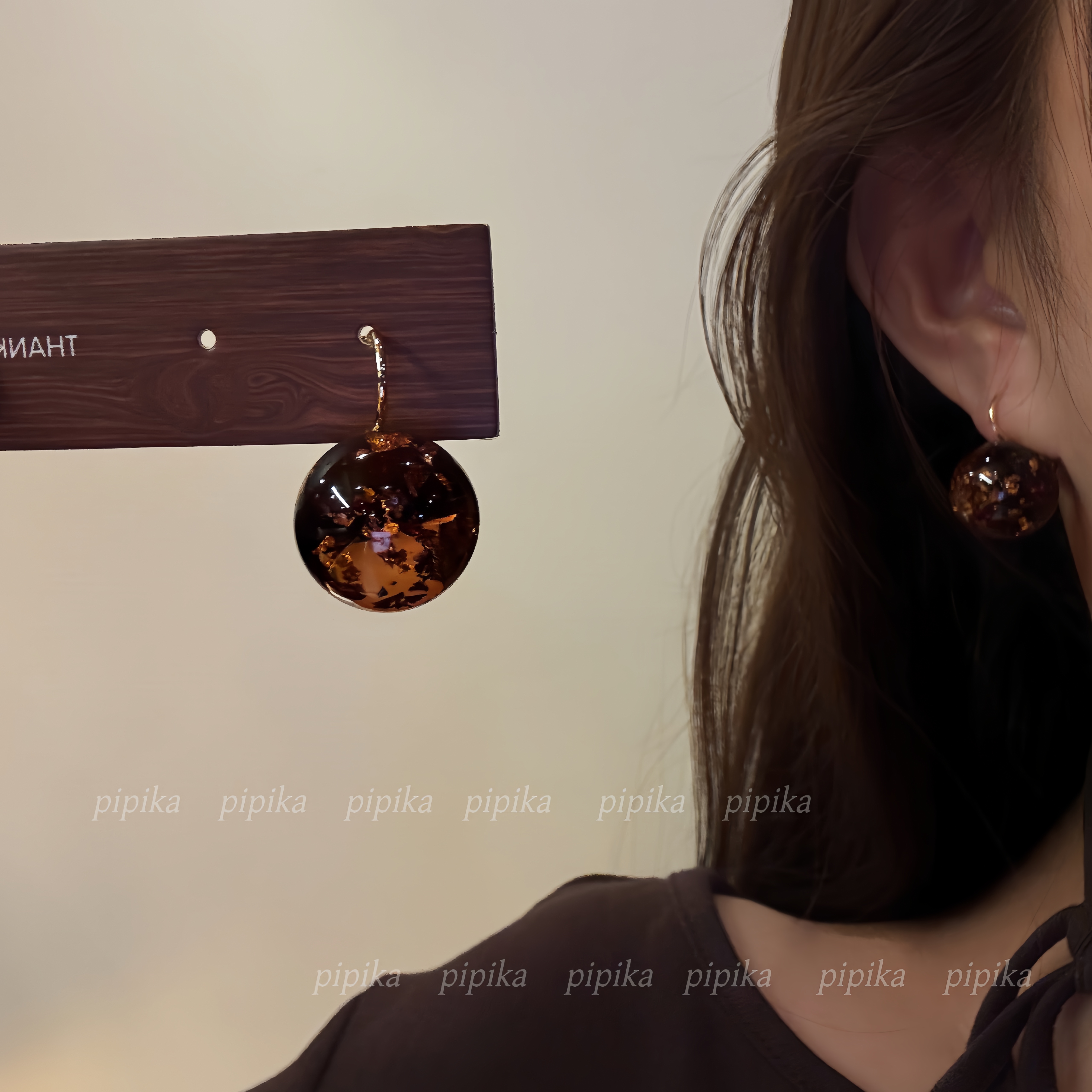 pipi复古新中式琥珀色碎金子圆球耳环耳钉耳饰女高级感百搭不过敏
