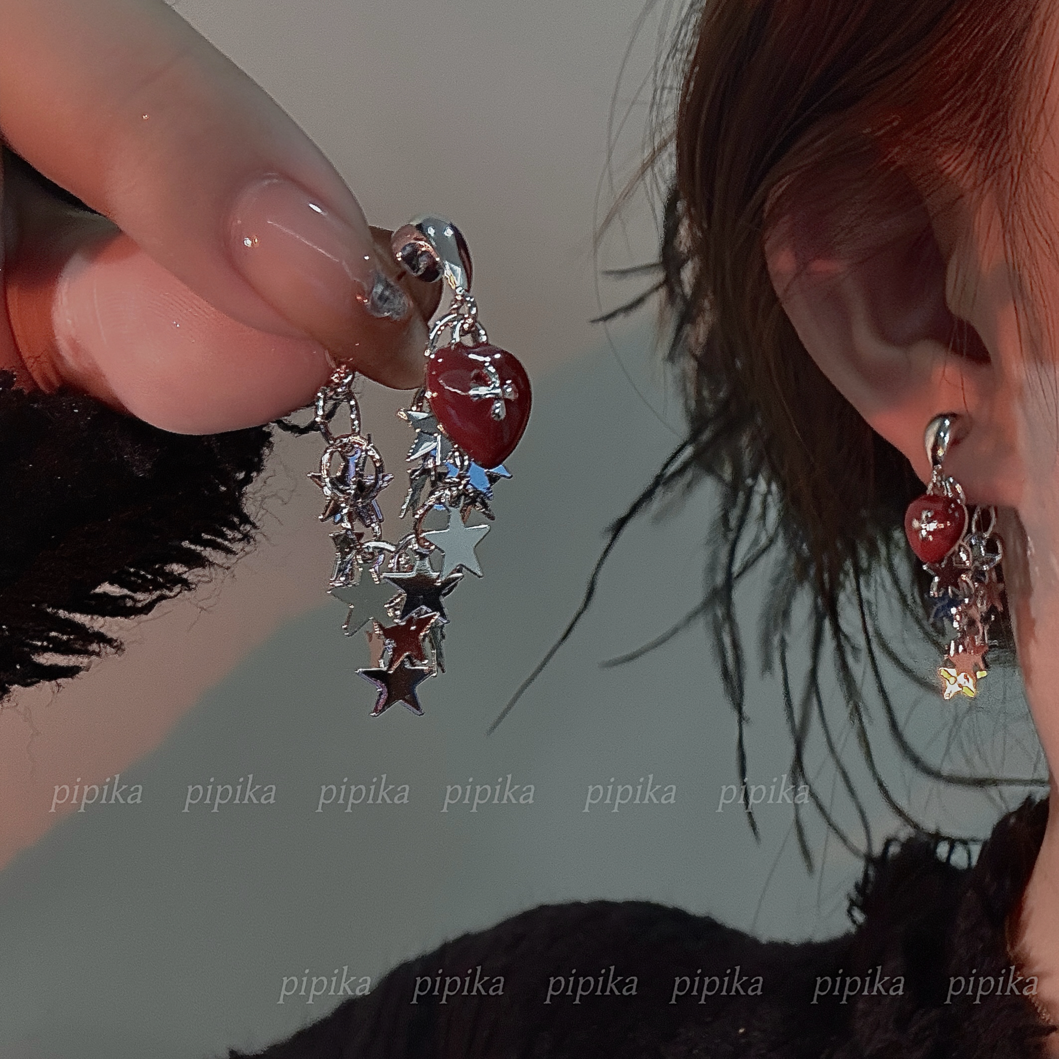 pipi原创小众红心十字架闪耀星星流苏耳环耳钉耳饰女高级甜酷女孩