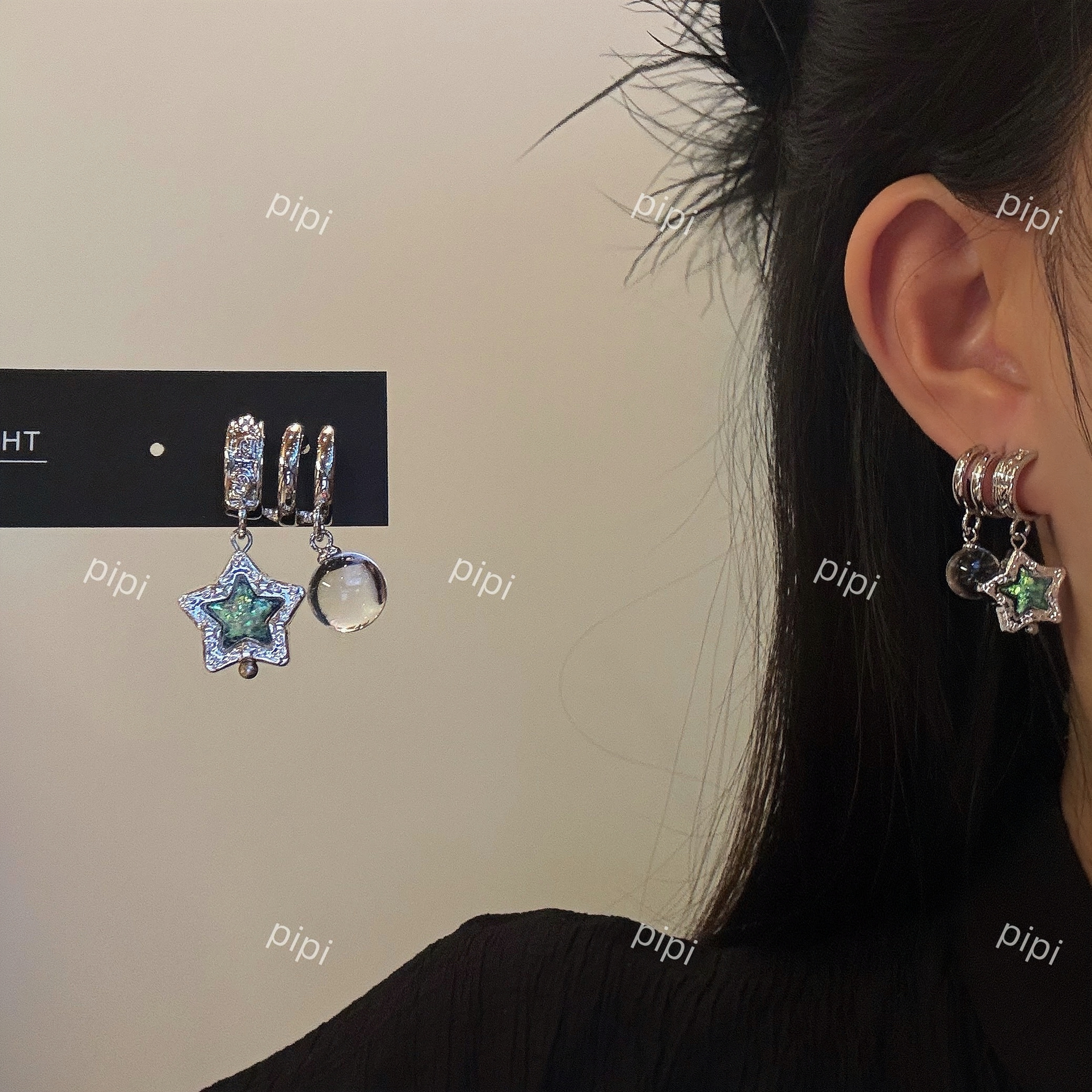 pipi原创设计蓝绿色五角星冰透球球单耳洞多排款吊坠简约辣妹银针
