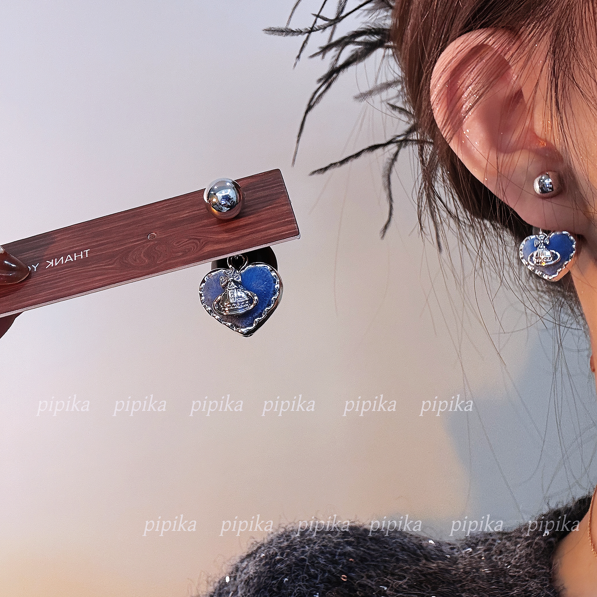 pipi原创小众设计爱心蓝色植绒土星珍珠两戴式耳环女高级耳饰耳钉