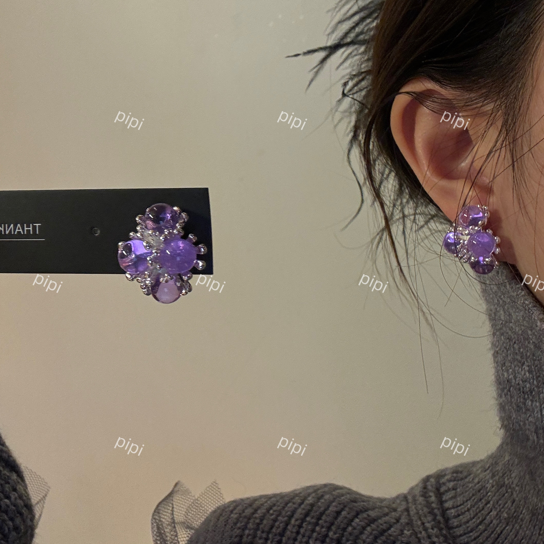 pipi原创设计紫色水晶花朵耳钉小众高级感耳环简约冷淡风耳饰银针