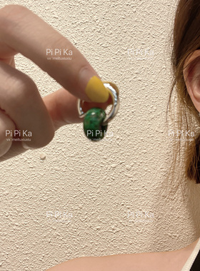 pipi～新中式天然石绿花石复古风耳钉耳环女圆环耳扣百搭简约高级