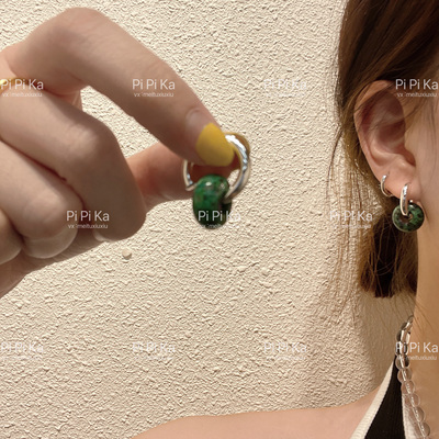 pipi～天然石蓝玛瑙绿花石复古风耳钉女圆环耳扣耳挂适合各种脸型
