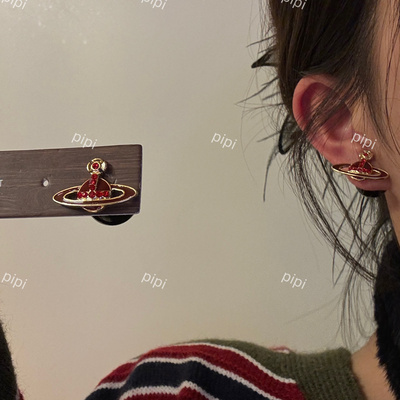 pipi复古土星耳钉镶钻红色前后两戴珠珠耳环轻奢耳钉女简约个性