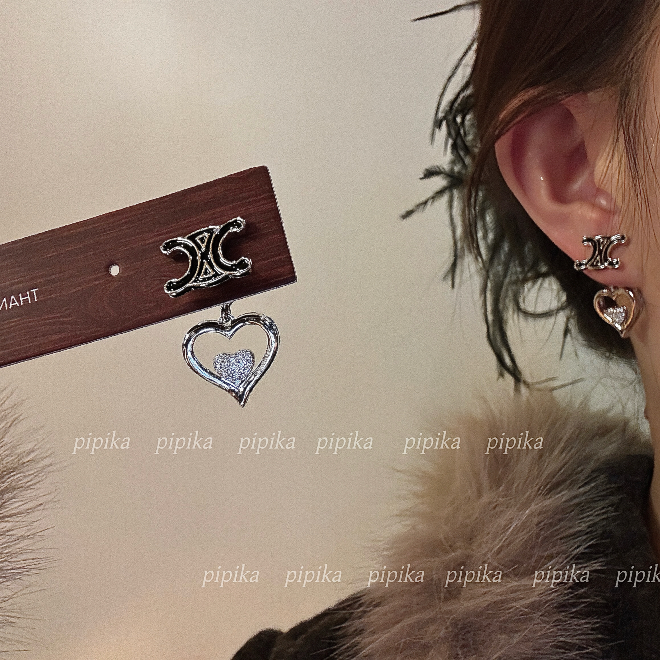 pipi原创甜酷爱心镶钻凯旋门两戴式耳钉高级轻奢银针小众耳饰耳环