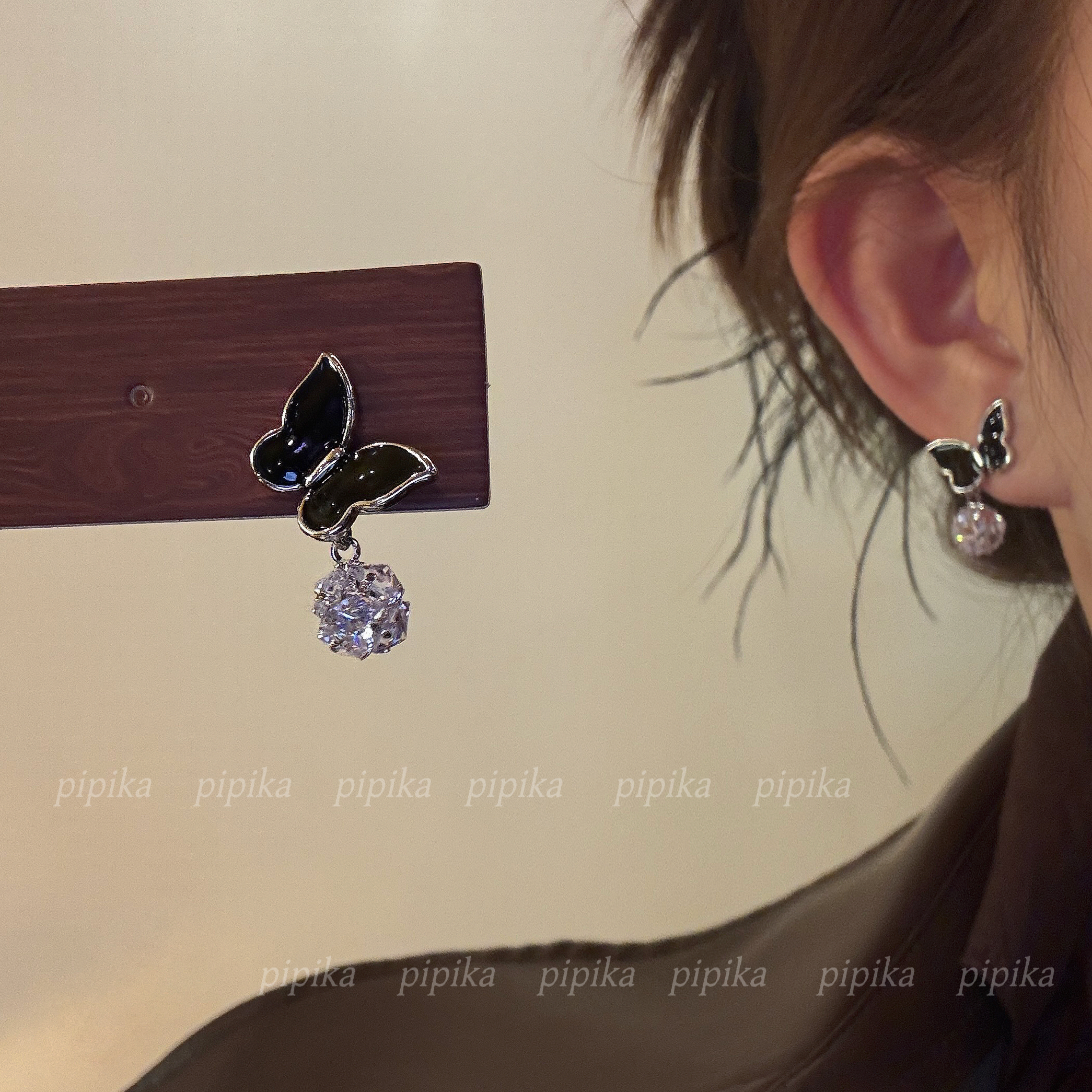 pipi原创黑蝴蝶锆石耳环耳钉耳饰女高级气质轻奢百搭2025新款银针