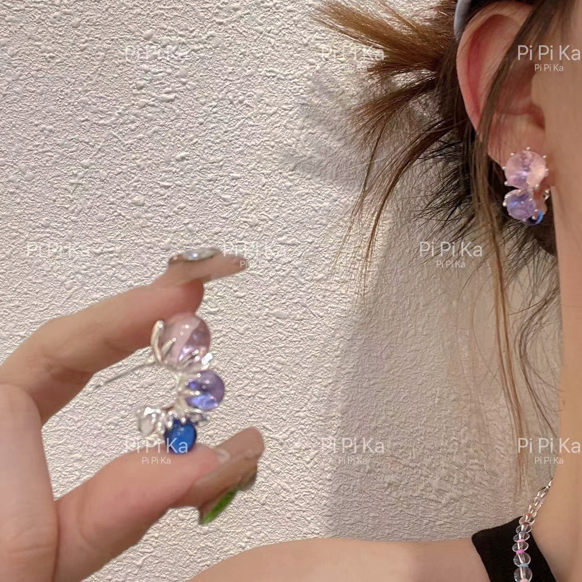 pipi～原创设计耳饰夏日透明彩色葡萄耳环女高级感玻璃珠耳钉银针