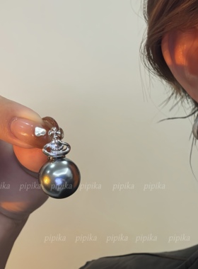 pipi经典灰珍珠土星耳环耳钉耳扣耳饰女高级百搭简约气质复古小巧