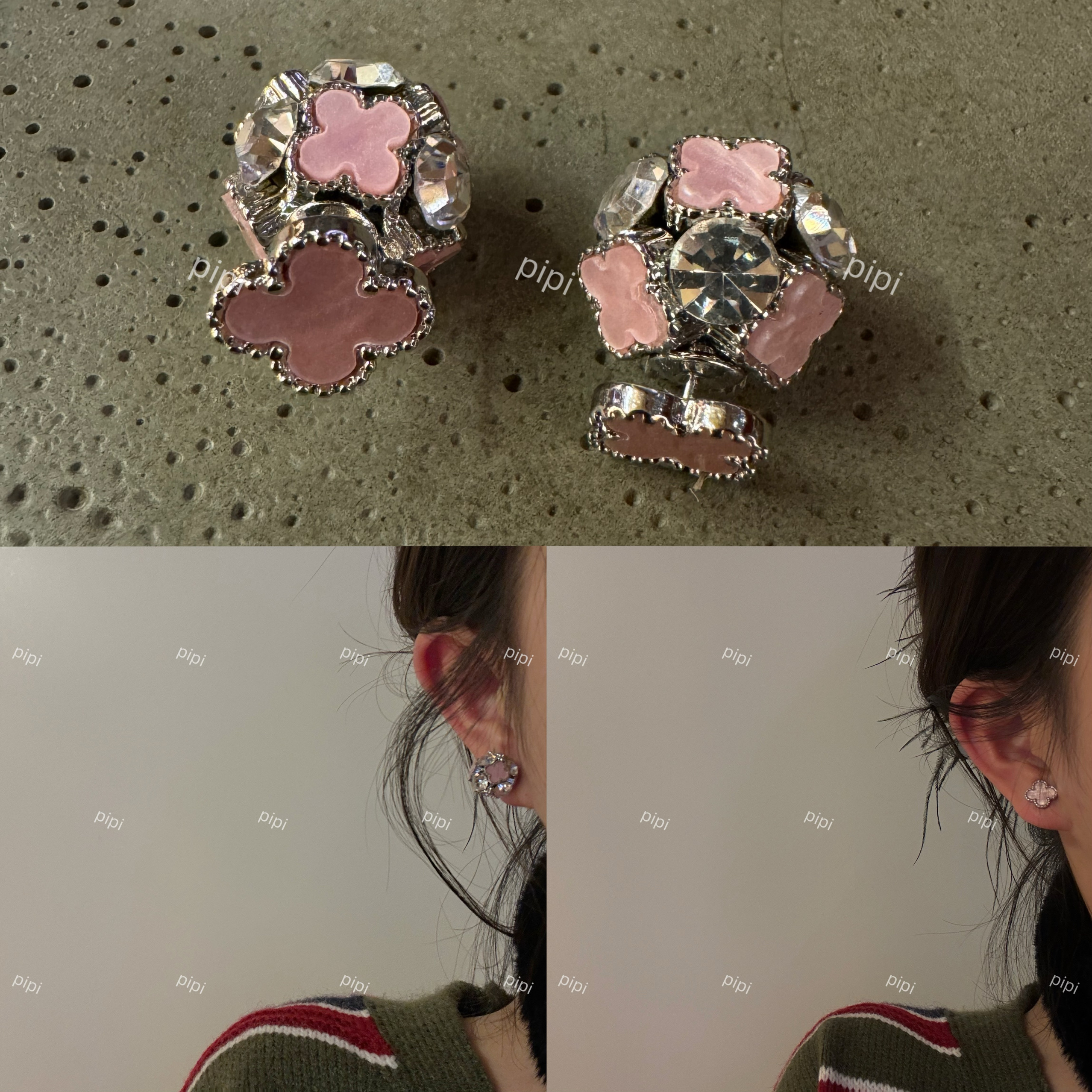 pipis925银针白色皓石耳环四叶草镶钻耳饰百搭女饰品耳坠一款两戴