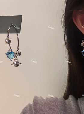 pipi原创设计蓝色爱心锆石土星球球耳圈耳环耳饰女百搭高级感银针