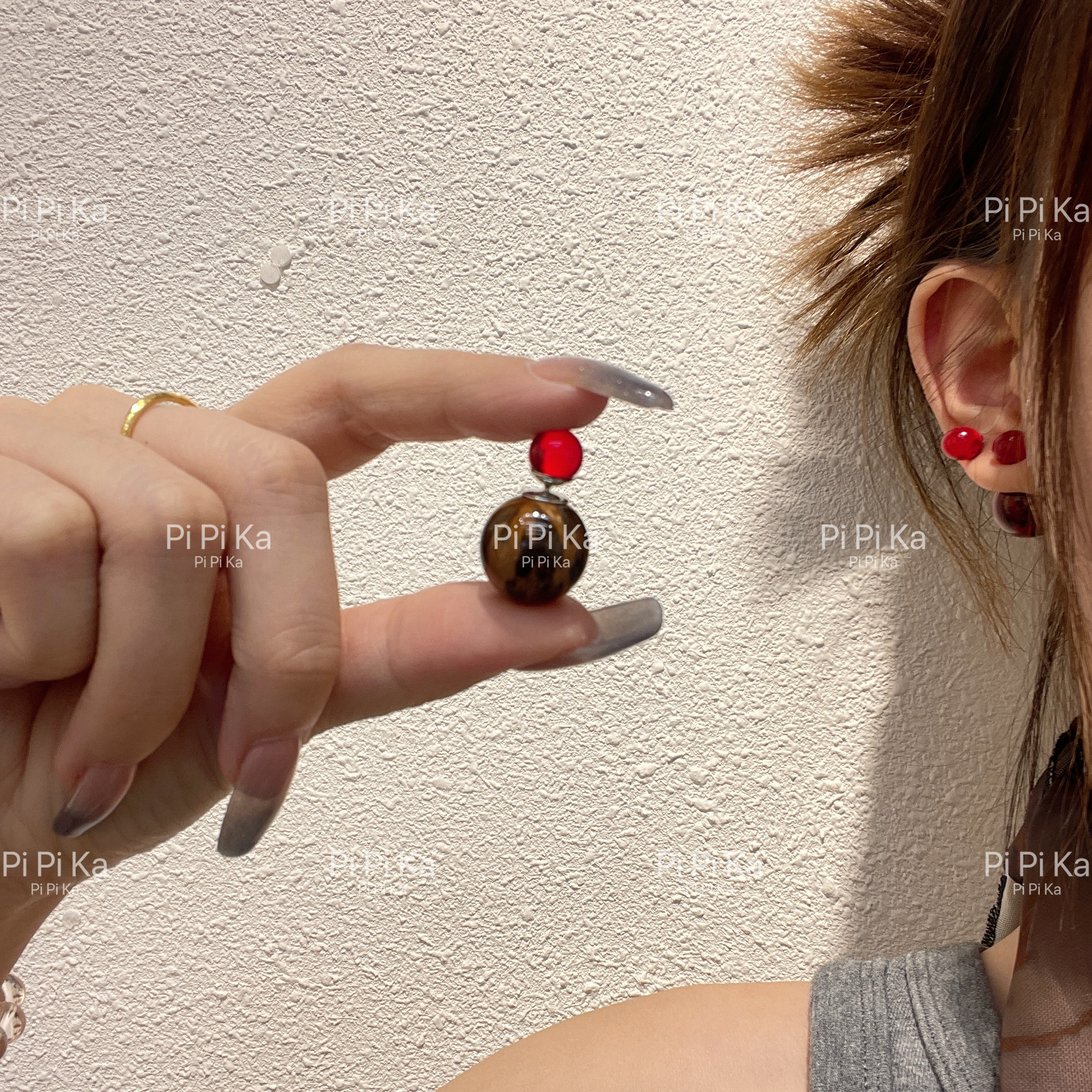 pipi～豹纹树脂前后两戴圆球耳钉复古高级感耳环小众银针耳饰女