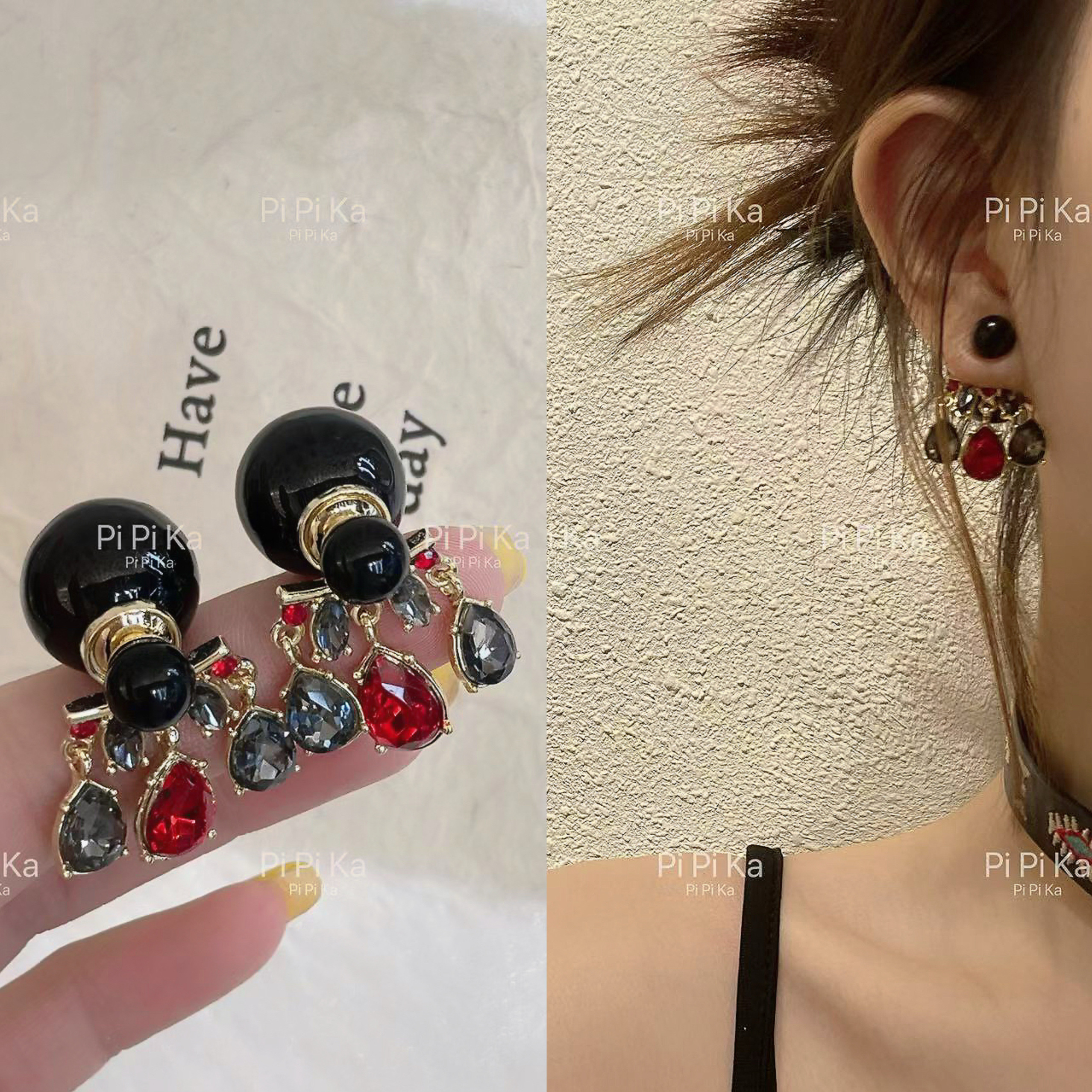 pipi百搭水滴复古中式耳钉仙美水晶独特红黑色钻圆球流苏短款耳环