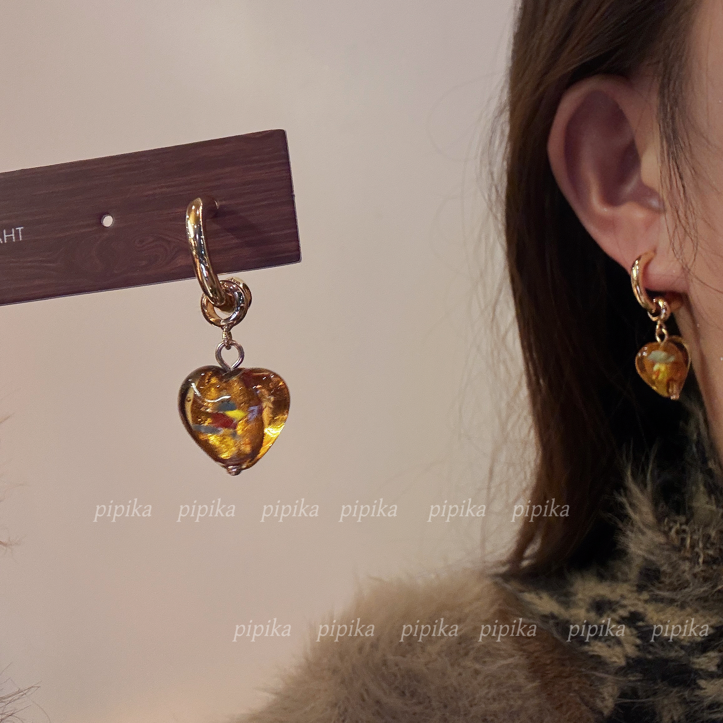 pipi秋冬复古爱心琉璃琥珀彩绘耳环C圈小众高级感百搭耳钉耳饰女