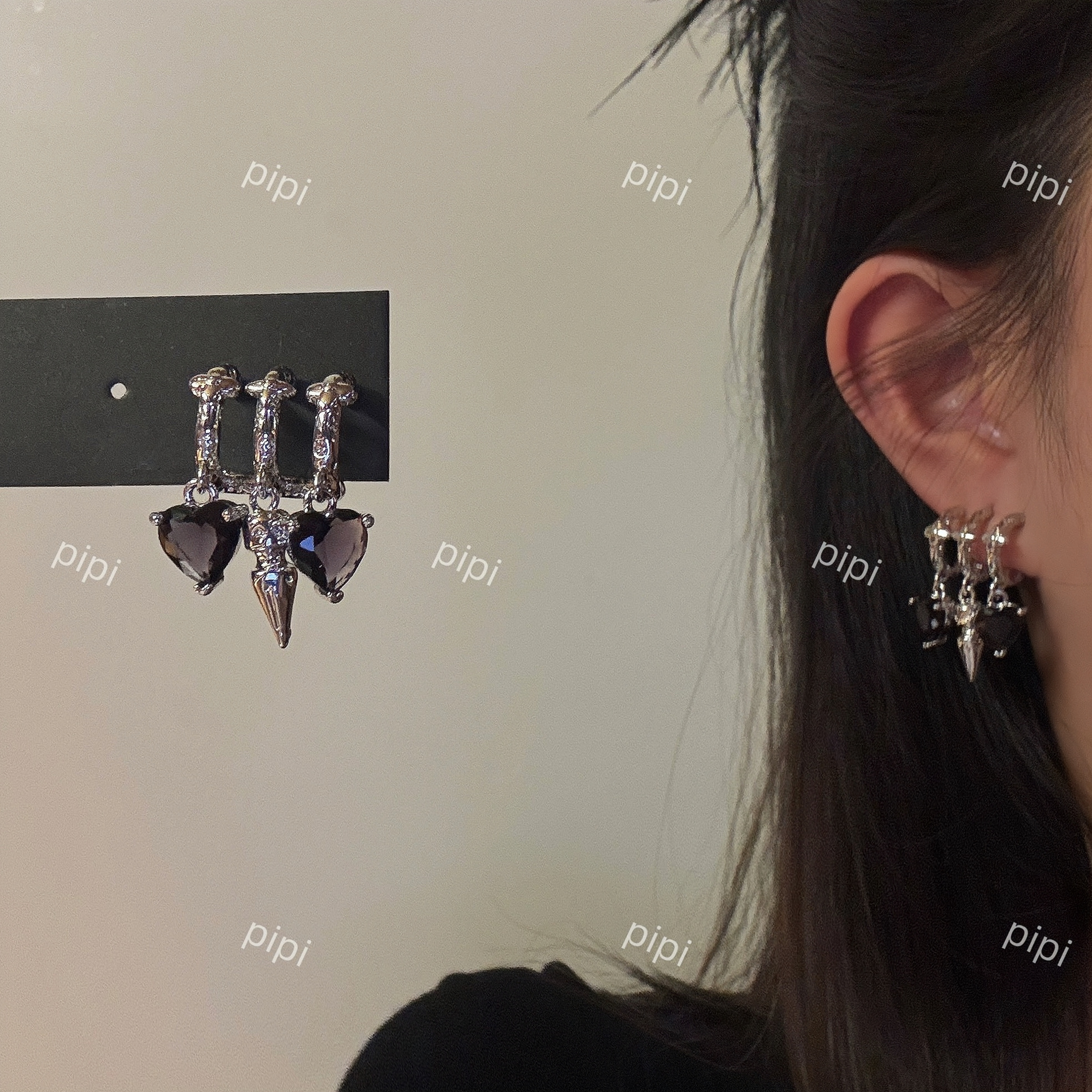 pipi原创多排设计暗紫色爱心锆石流苏耳环耳饰冷淡风耳钉女银针