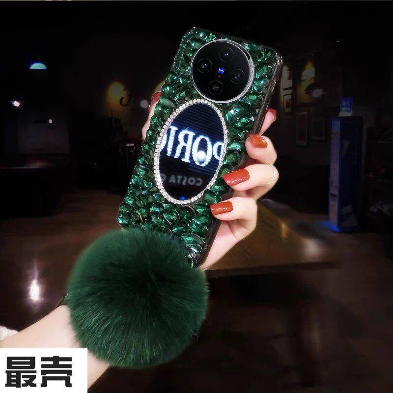 补妆镜子vivo Y300手机壳欧美毛球Y300pro奢华水钻软壳女款