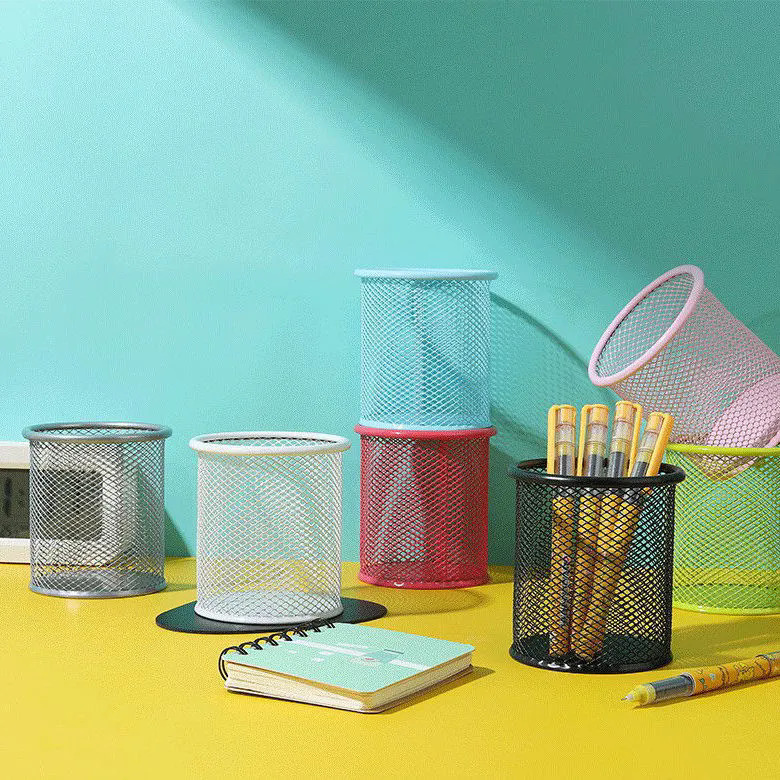 圆形网格金属笔筒收纳学生办公桌面多功能创意简约磨砂透明收纳盒