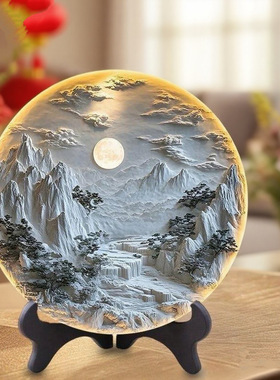 浮雕壁画立体感图片紧致圆盘摆台新中式客厅书房创意装饰桌面摆件