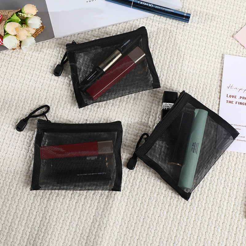 彩色透明网纱考试笔袋拉链袋 便携学生文具袋化妆品收纳袋零钱袋