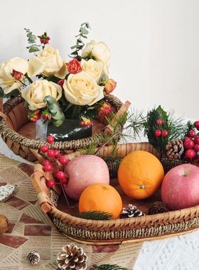 面包篮水果收纳盘中式复古家用客厅网红收纳篮筐木编藤编托盘