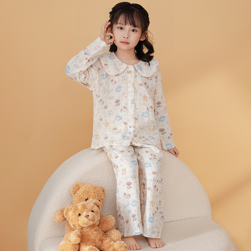 女童睡衣2025新款春秋季纯棉纱布儿童长袖大童女孩夏季家居服套装