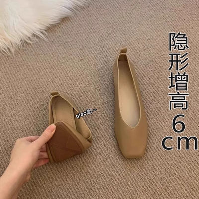 超软小羊皮~内增高小个子6cm单鞋女浅口粗跟方头奶奶鞋软底豆豆鞋