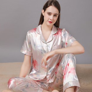 女士真丝睡衣夏款短袖长裤宽松薄款印花中年妈妈冰丝绸缎家居服夏