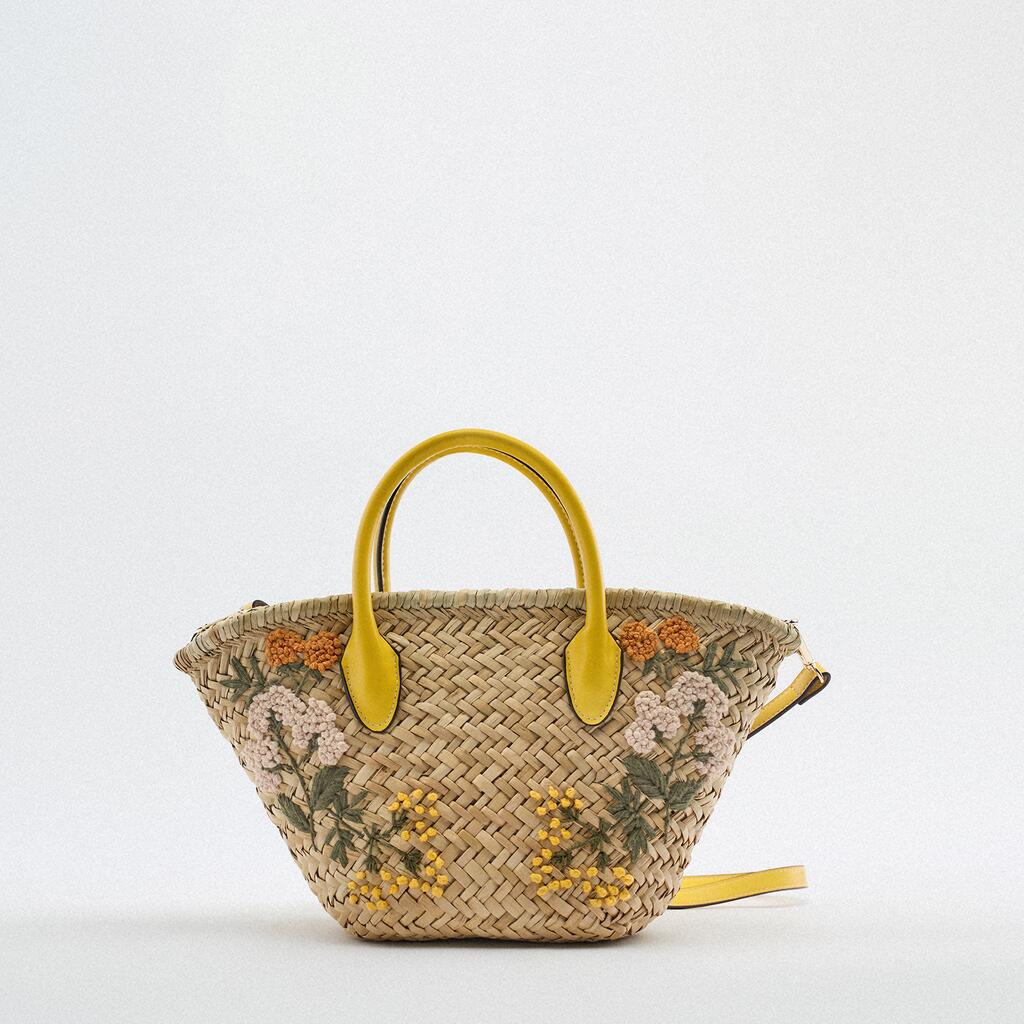 新款女包A黄色绣花手提包踏青度假水草编织包草编包单肩斜挎
